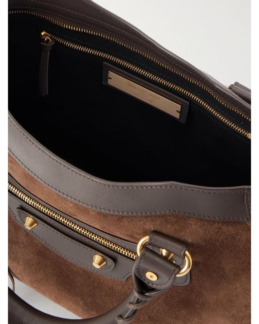 Balenciaga Brown Le City Studded Leather-Trimmed Suede Shoulder Bag