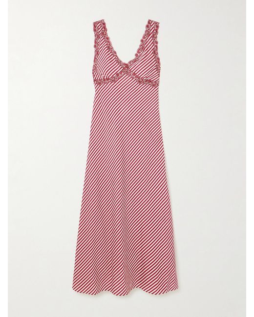 Loretta Caponi Pink Albina Corded Lace-Trimmed Pleated Striped Satin Chemise