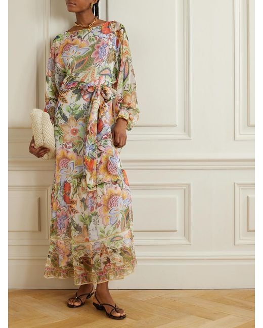 Etro Natural Belted Floral-Print Silk-Crepon Maxi Dress