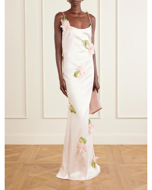 Ilkyaz Ozel Natural Mellow Floral-Embellished Satin Gown
