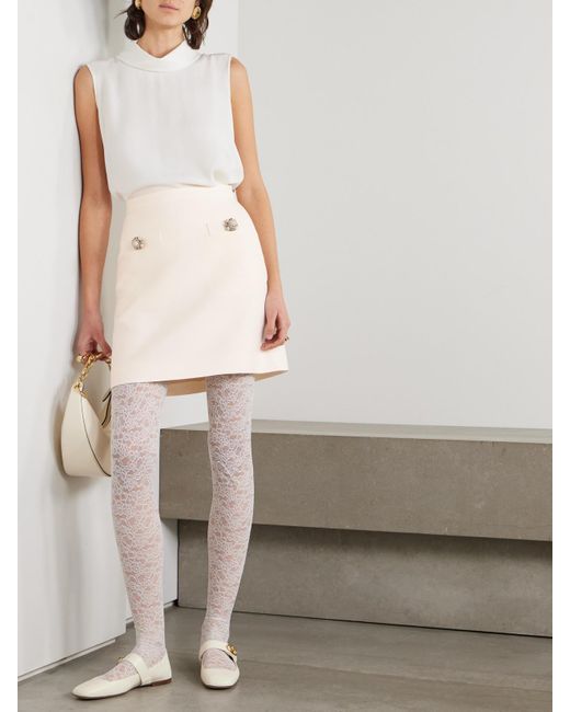 Valentino Garavani Natural Embellished Wool And Silk-Blend Crepe Mini Skirt