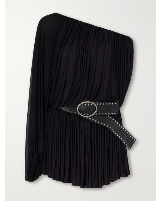 Christopher Esber Black Bayamo Belted One-Shoulder Mesh Mini Dress