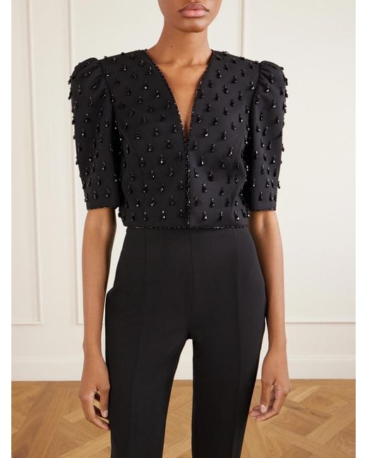 Carolina Herrera Blue Cropped Crystal-Embellished Wool-Blend Jacket