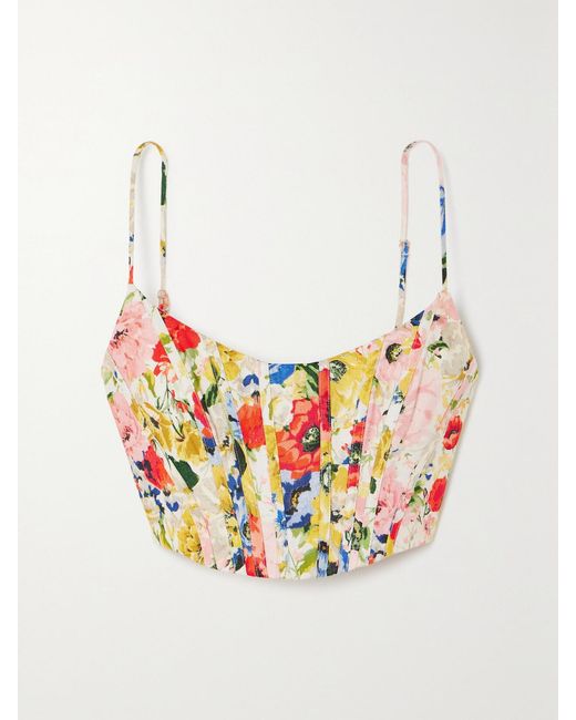 Zimmermann White Net Sustain Alight Cropped Shirred Floral-Print Linen Bustier Top