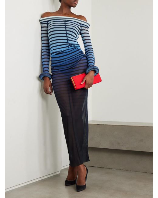 Jean Paul Gaultier Blue Off-The-Shoulder Padded Striped Stretch-Mesh Maxi Dress