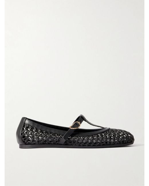 Ancient Greek Sandals Black Aerati Leather-Trimmed Woven Raffia Ballet Flats