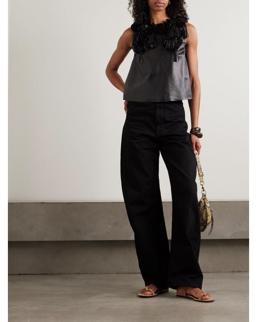 Ulla Johnson Black Marlowe Floral-Appliquéd Leather Top