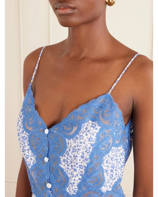 Loretta Caponi Blue Palmira Floral-Print Lace-Trimmed Cotton Maxi Dress