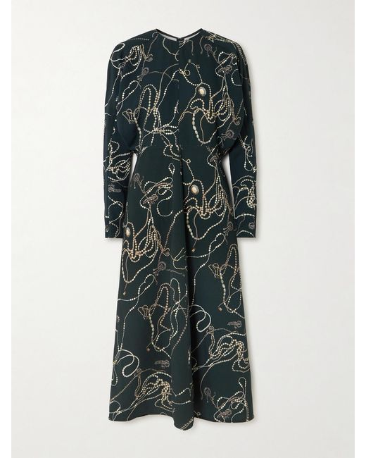 Victoria Beckham Green Paneled Printed Crepe Midi Dress
