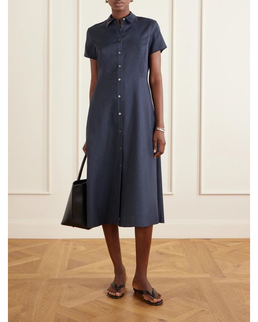 Theory Blue Belted Pleated Satin Midi Dress