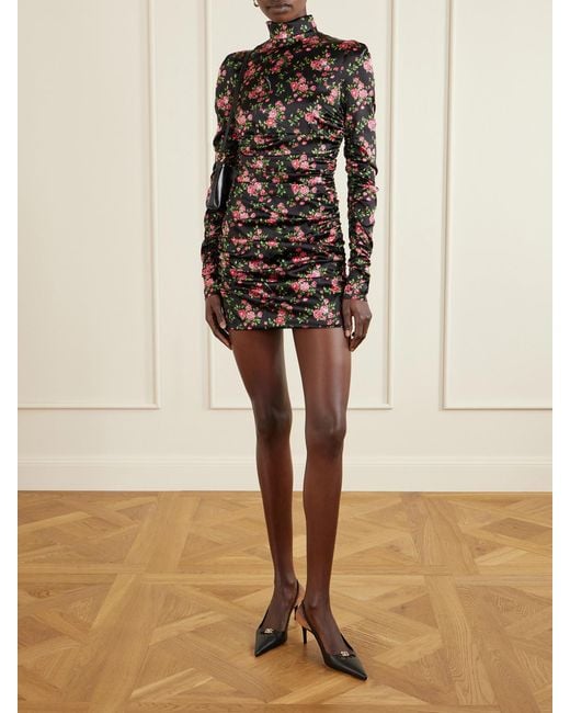 Dolce & Gabbana Black Small Rose Bouquets-Printed Mini Satin Dress