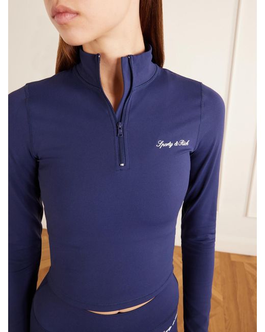 Sporty & Rich Blue Logo-Appliquéd Cropped Stretch-Jersey Half-Zip Jacket