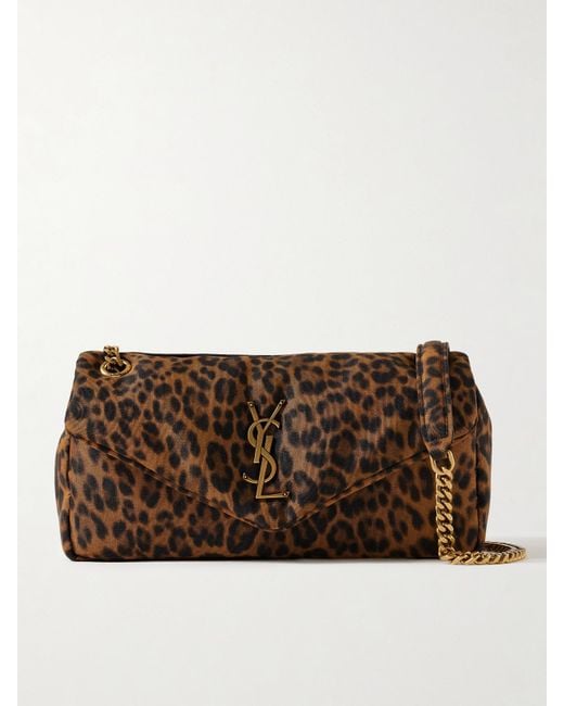 Saint Laurent Brown Calypso Kleine Schultertasche Aus Wattierter Faille Mit Leopardenprint