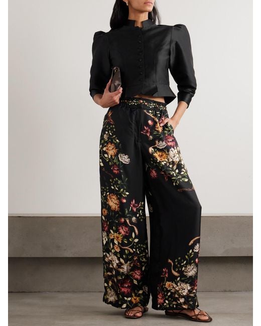 Agua Bendita Black Tota Paramo Floral-Print Silk-Twill Wide-Leg Pants