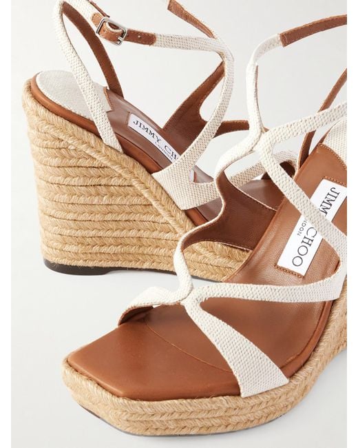 Jimmy Choo Natural Ayla 110 Leather-Trimmed Canvas Espadrille Wedge Sandals