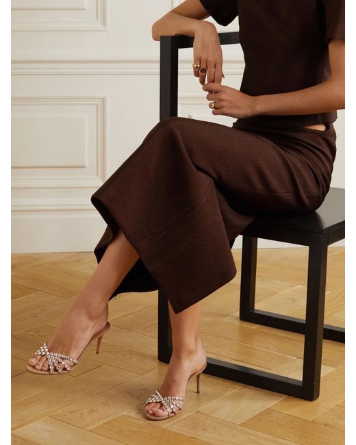 Aquazzura Natural Tequila 75 Crystal-Embellished Leather Mules