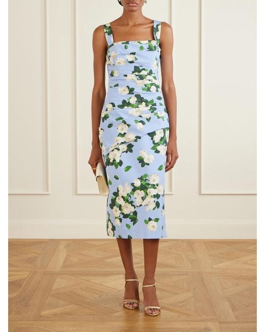 Carolina Herrera Blue Floral-Print Draped Cotton-Blend Faille Midi Dress