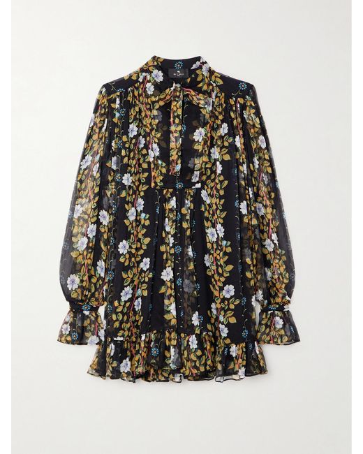Etro Black Tie-Neck Floral-Print Silk-Crepon Mini Dress