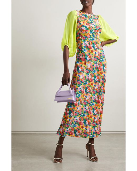 Les Rêveries Orange Floral-Print Silk Crepe De Chine And Georgette Midi Dress