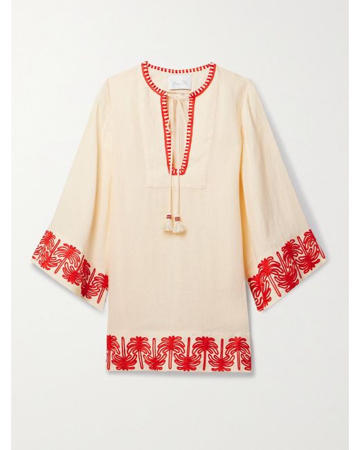 Johanna Ortiz White Net Sustain Ocean Clan Embroidered Organic Linen-Blend Mini Dress