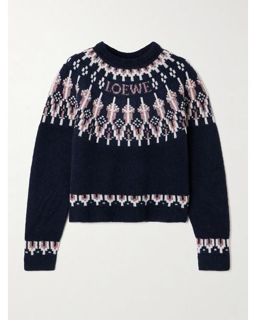 Loewe Blue Sequin-Embellished Fair Isle Wool-Blend Sweater