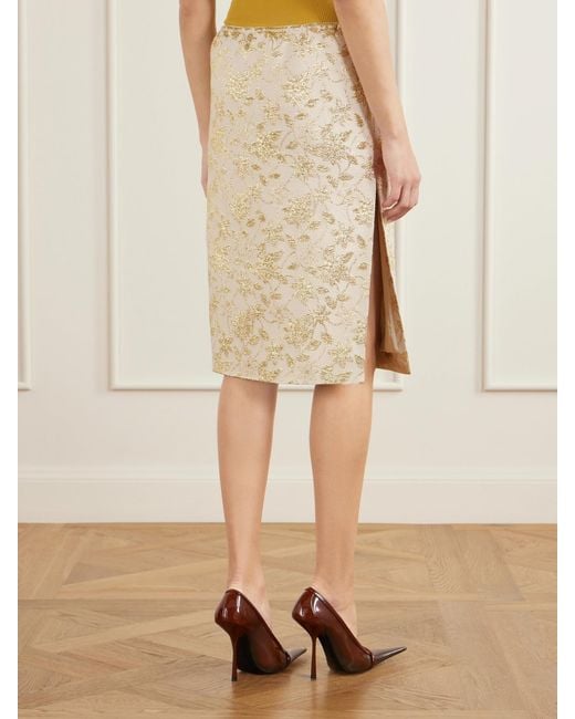 Saint Laurent Natural Floral-Brocade Midi Skirt