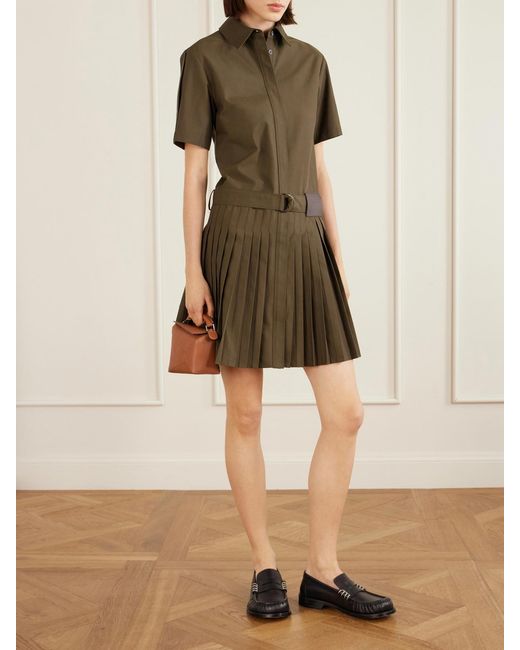 Loewe Green Belted Pleated Cotton-Blend Mini Shirt Dress