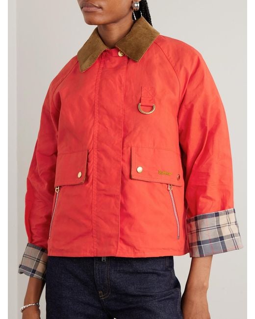 Barbour Red Mackworth Corduroy-Trimmed Cropped Cotton Jacket