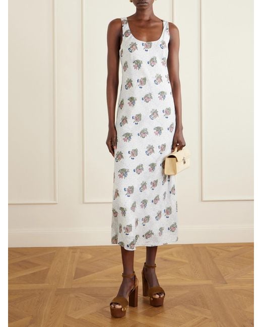 Alix Of Bohemia White Adele Mist Quatre Floral Patterned Silk Midi Dress