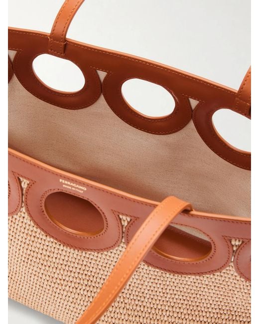 Ferragamo Natural Tt Gancio Small Leather-Trimmed Raffia Tote Bag