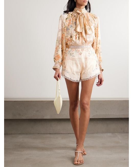 Camilla Natural Crystal-Embellished Pussy-Bow Floral-Print Silk-Blend Jacquard Blouse