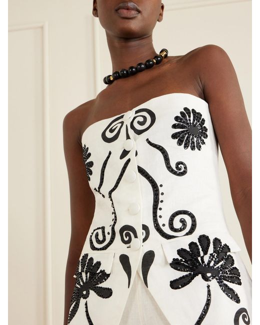 Cala De La Cruz White Milos Strapless Sequin-Embellished Floral-Print Linen Top