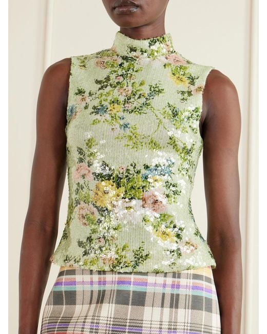 Brandon Maxwell Green Piper Sequined Floral-Print Mesh Turtleneck Top