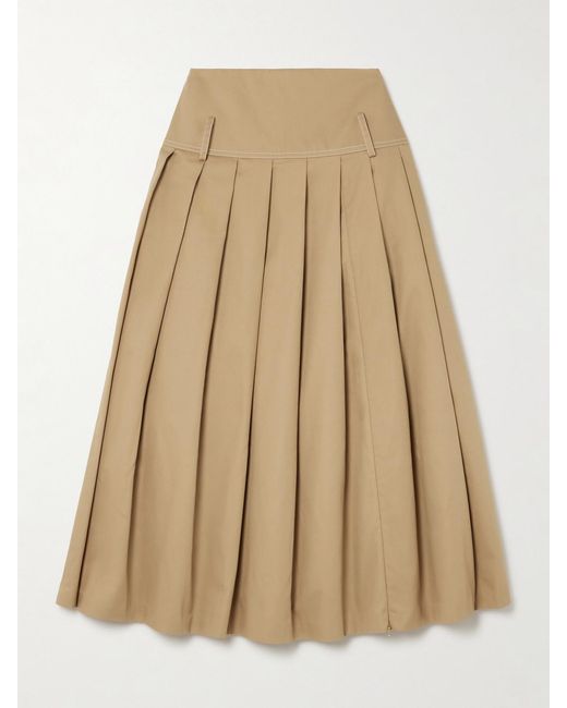 Tolu Coker Natural Pleated Topstitched Denim Midi Skirt