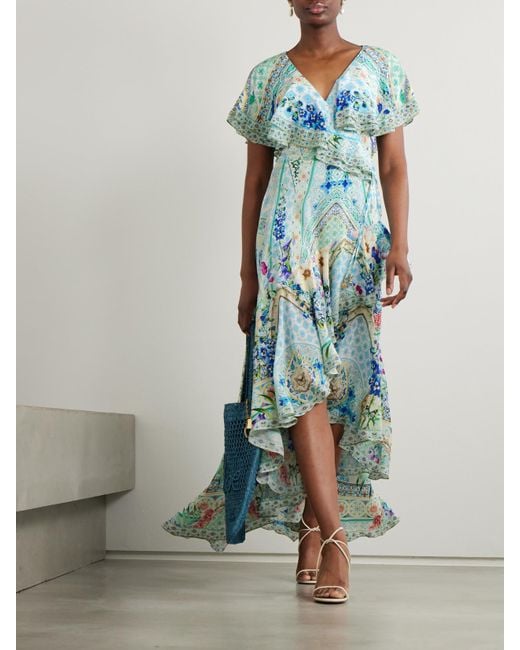 Camilla Blue Asymmetric Crystal-Embellished Ruffled Silk Maxi Wrap Dress