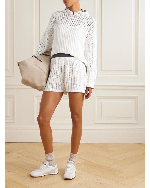 Short En Coton À Mailles Ajourées Brunello Cucinelli en coloris White