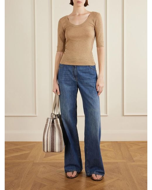 Brunello Cucinelli Natural Striped Leather-Trimmed Raffia Tote