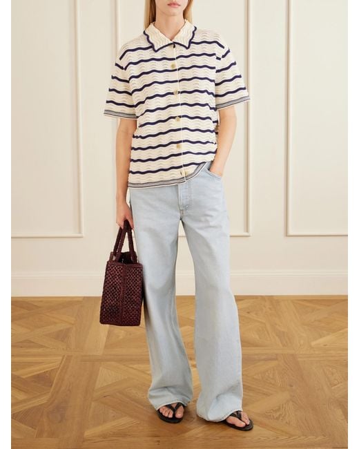 La Ligne Gray Striped Pointelle-Knit Cotton T-Shirt