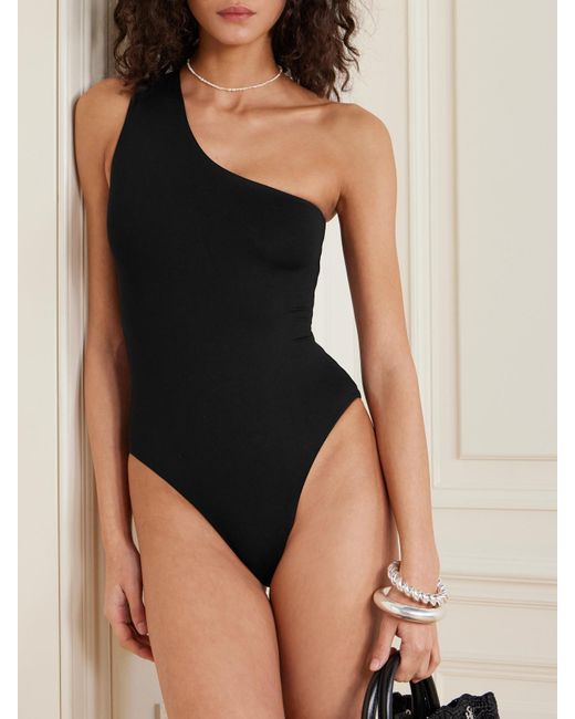 ‎Taller Marmo Black Yacare One-Shoulder Swimsuit And Fringed Pareo Set