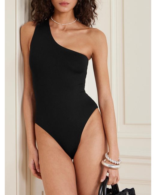 Taller Marmo Black Yacare One-Shoulder Swimsuit And Fringed Pareo Set