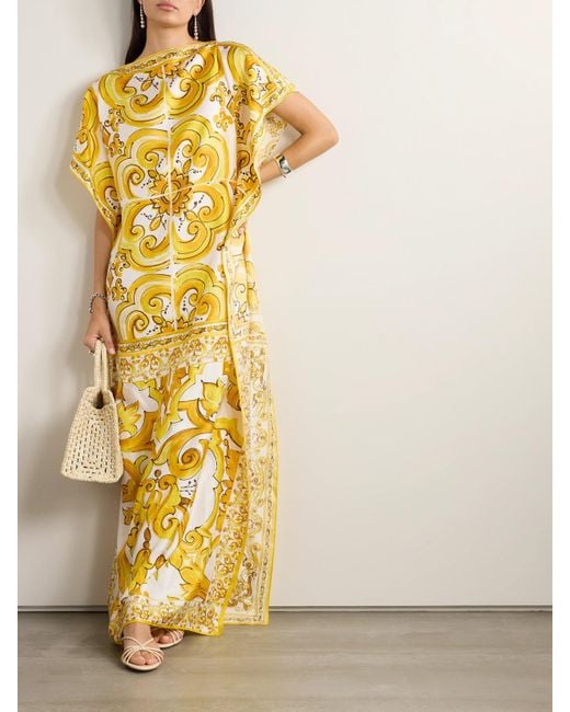 Dolce & Gabbana Yellow Maiolica Floral-Print Silk-Twill Kaftan