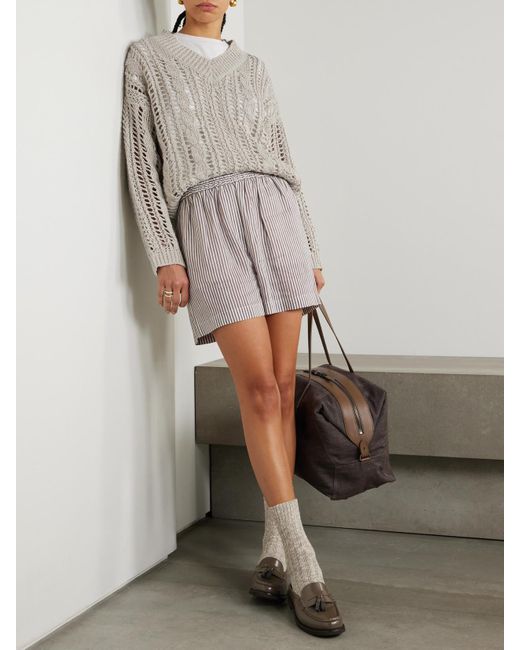 Brunello Cucinelli Brown Striped Linen And Silk-Blend Shorts
