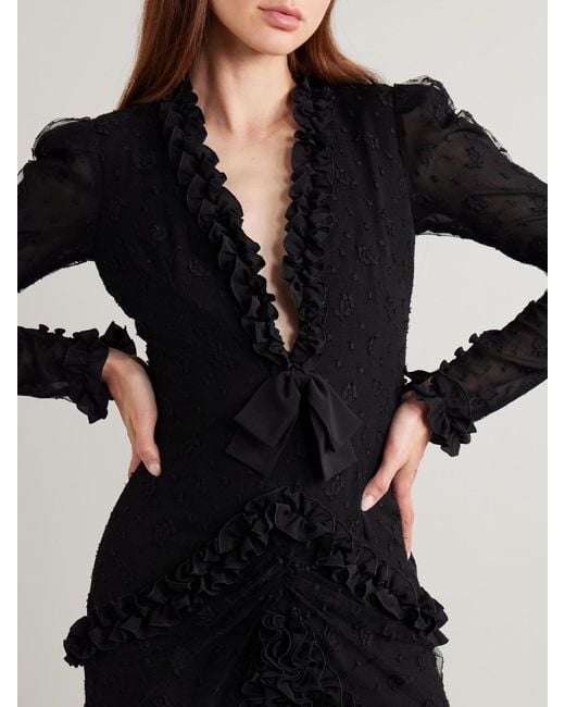 Alessandra Rich Black Ruffled Crepe-Trimmed Embroidered Point D'Esprit Gown