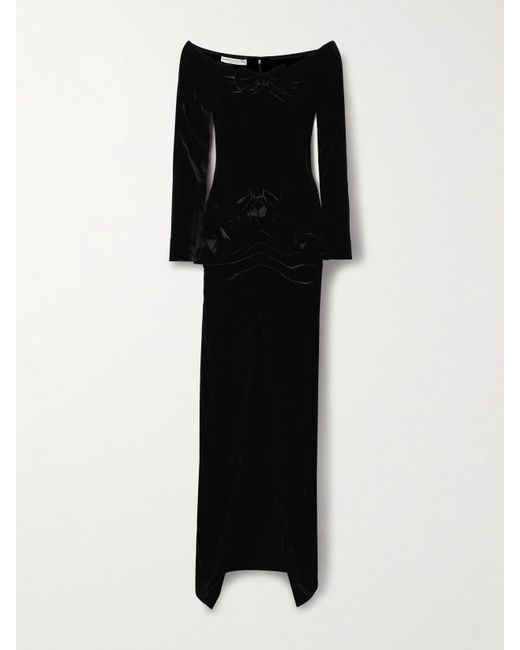 Alessandra Rich Black Bow-Embellished Off-The-Shoulder Ruffled Ruched Velvet Gown