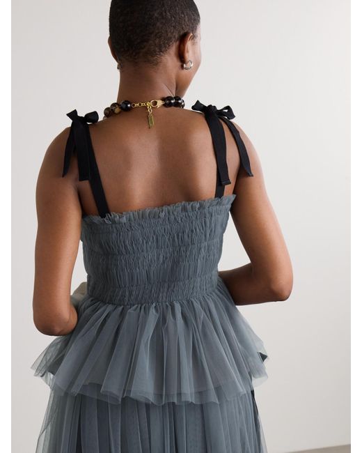 Molly Goddard Blue Lydia Shirred Grosgrain-Trimmed Tulle Top