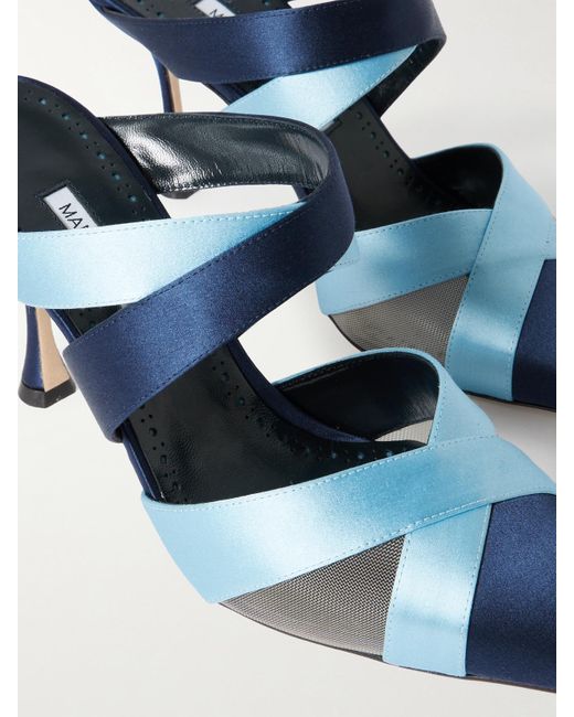 Manolo Blahnik Blue Oyounak Gala Rial 90 Two-Tone Satin Mules