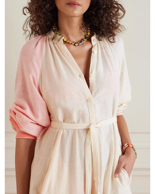 Lemlem Pink Makeda Belted Color-Block Cotton-Blend Maxi Shirt Dress