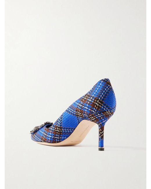 Manolo Blahnik Blue Hangisi 70 Crystal-Embellished Checked Wool Pumps