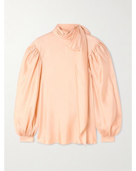 Gucci Pink Tie-Neck Draped Gathered Silk Satin-Twill Blouse