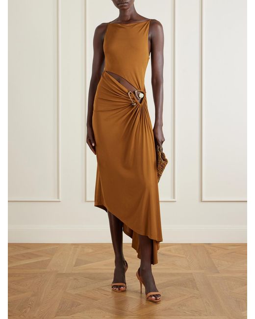 Christopher Esber Brown Veer Crystal-Embellished Draped Jersey Midi Dress